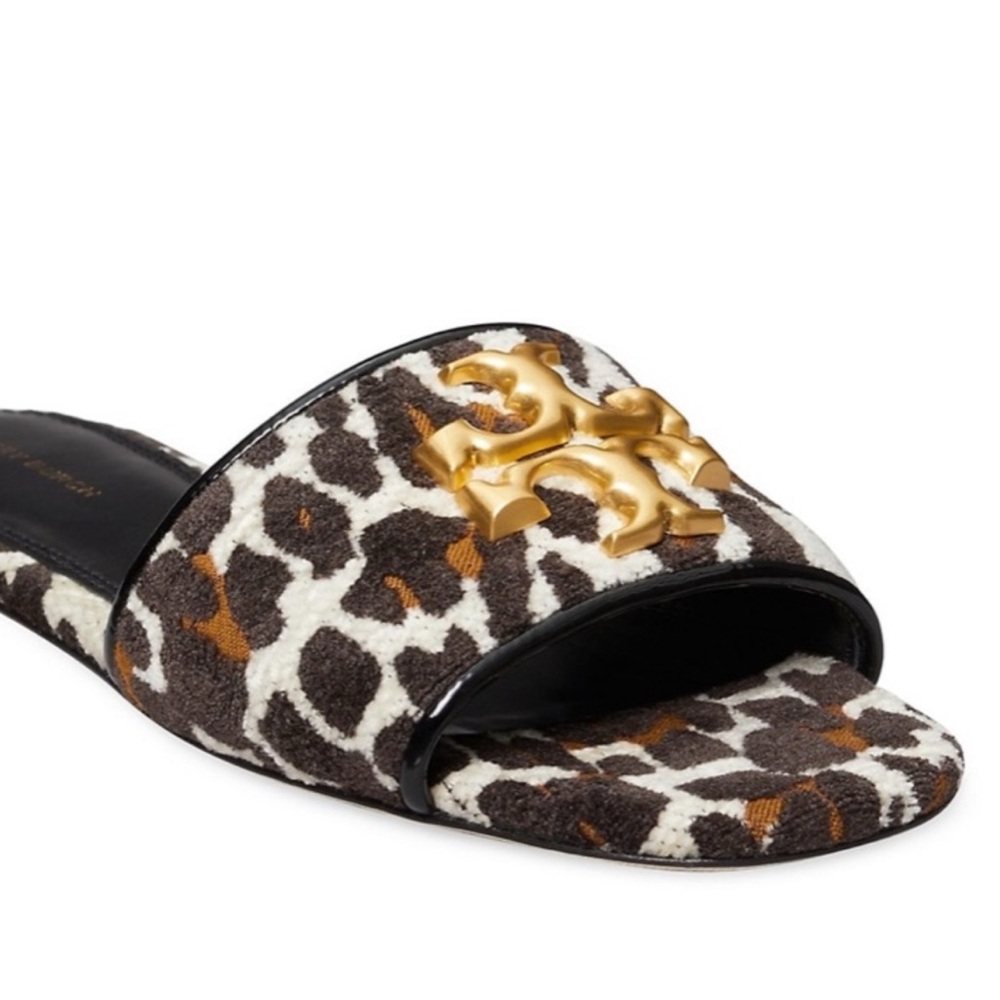 TORY BURCH ELEANOR Leather Leopard Print Gold Medallion Slide Sandals Size 8 - Picture 2 of 16